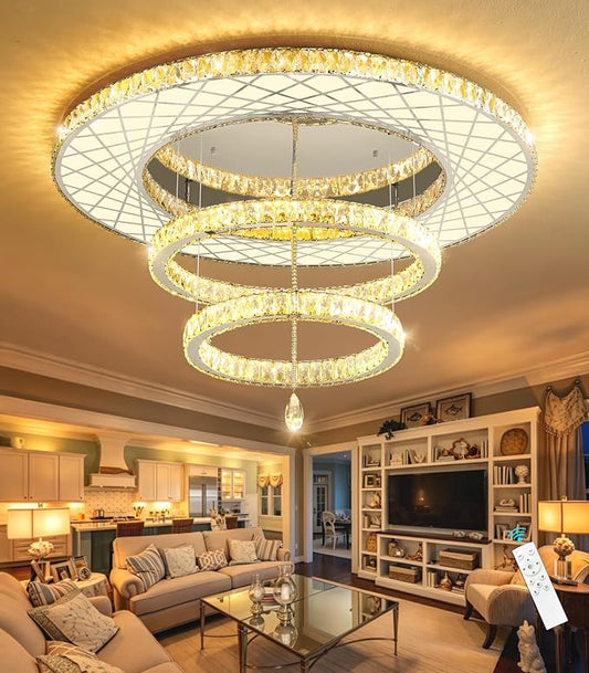 HAIXIANG Crystal Glam Chandelier LED Ceiling Light Living Room Lighting Fixtures Remote Dimmable Ceiling Chandeliers Silver 40 Inches Large Light