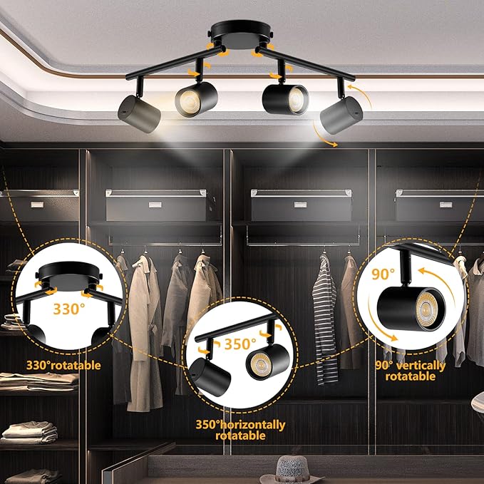 VANoopee 5-Color 4 Light Black LED Track Lighting Fixtures Ceiling for Kitchen, Dimmable Track Lighting Kit, Ceiling Spotlight Flush Mount Adjustable Directional Spot Lights Indoor, CRI90 2400lm 30W