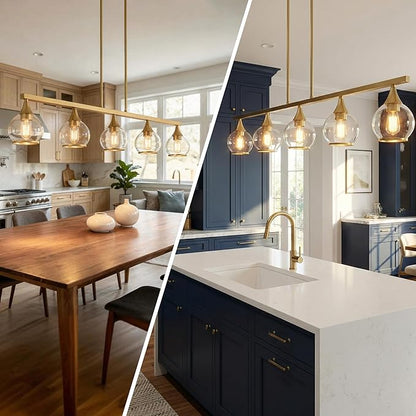 Kitchen Island Linear Pendant Light, 5-Light Gold Dining Room Chandelier with Clear Glass Globe Shades, Modern Linear Lighting Fixture Over Table