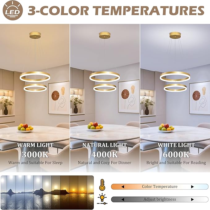 Modern Gold Led Chandelier 2 Rings Dimmable LED Chandeliers with Remote Control Light Fixture for Kitchen Island Height Adjustable Chandelier Led Pendant Light for Living Room Dining Room