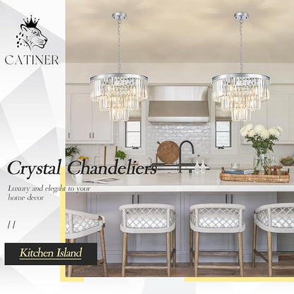 20” Modern Crystal Chandeliers, Chrome Round Chandeliers for Dining Room 3 Tiers 7 Lights Luxury K9 Crystal Ceiling Pendant Light Fixture for Foyer Bedroom Closet