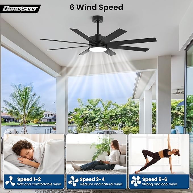 60 Inch Ceiling Fans with Lights and Remote, Dual Color 6 Blades, Bedroom Living Room Office Library Cafe Outdoor Industrial, 3CCT Dimmable, 6 Speed Reversible Quiet DC Motor, Black/Wood Grain