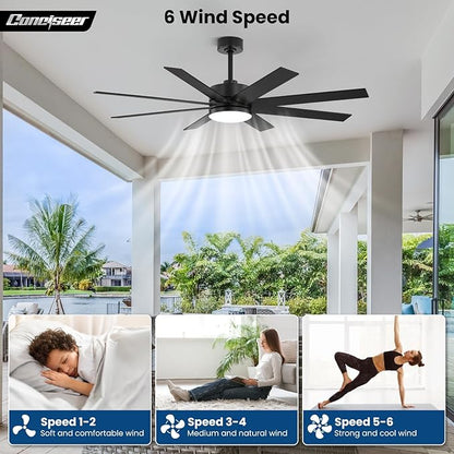 60 Inch Ceiling Fans with Lights and Remote, Dual Color 6 Blades, Bedroom Living Room Office Library Cafe Outdoor Industrial, 3CCT Dimmable, 6 Speed Reversible Quiet DC Motor, Black/Wood Grain
