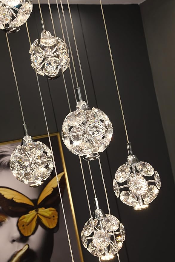 10-Light High Ceilings Long Chandeliers Modern Crystal Staircase Chandelier Hanging Flush Mount Lighting Fixtures for Spiral Staircase,Foyer,Entryway