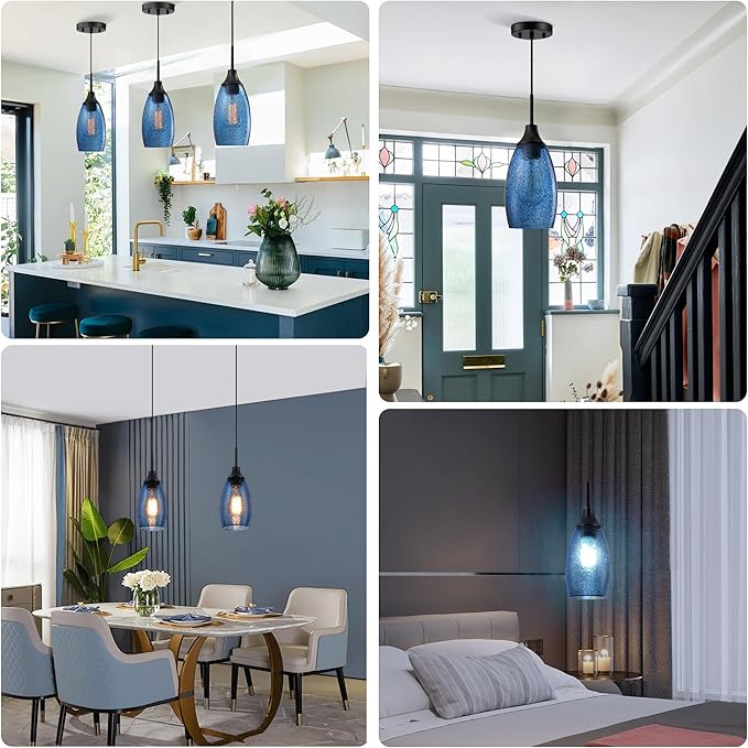 Viinew Mini Glass Pendant Light 1-Pack Handblown Clear Dark Blue Seeded Glass Shade Adjustable Cord Ceiling Light Fixture for Kitchen Island Sink 4.72"