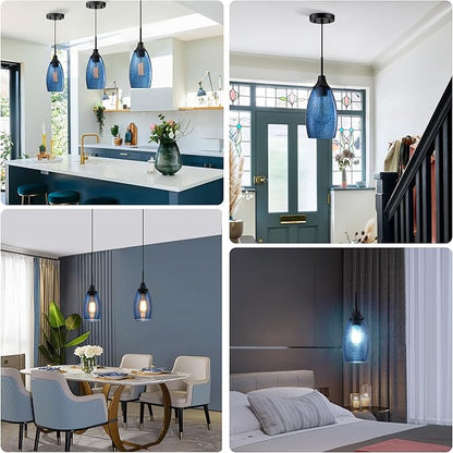 Viinew Mini Glass Pendant Light,4.72" Dark Blue Glass Hanging Light 3-Pack Handblown Clear Blue Seeded Shade Adjustable Cord Ceiling Light Fixture for Kitchen Island Sink