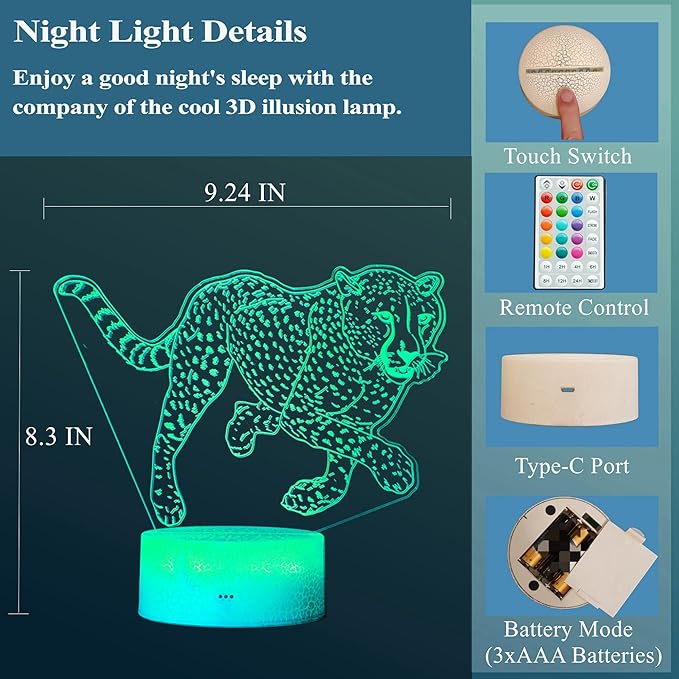 Cheetah Night Light, 3D Illusion Lamp with 16 Color Changing Modes, Remote Control Timer and Dimmable, Kids Boys Girls Room Decoration, Holiday Xmas Gifts