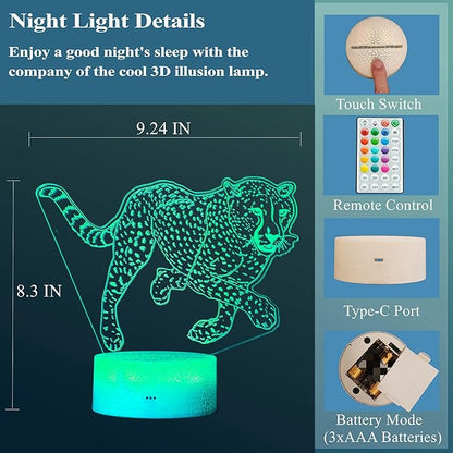 Cheetah Night Light, 3D Illusion Lamp with 16 Color Changing Modes, Remote Control Timer and Dimmable, Kids Boys Girls Room Decoration, Holiday Xmas Gifts