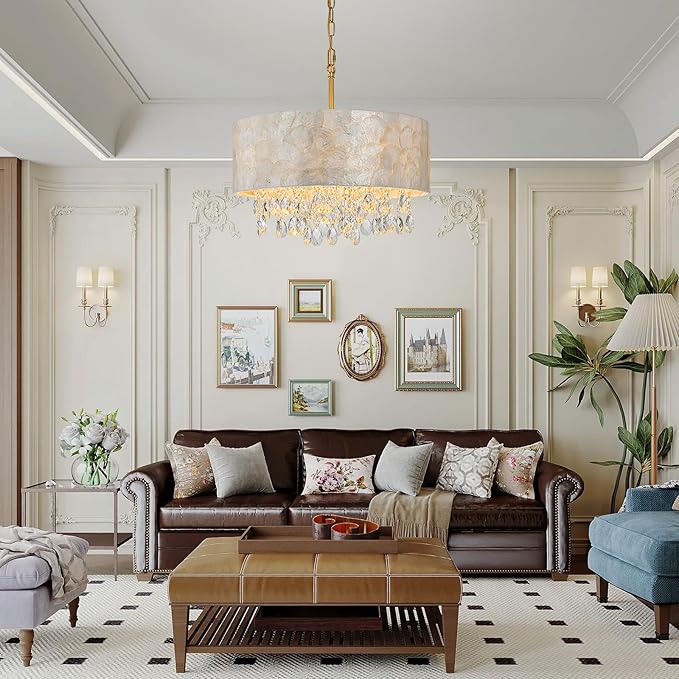 LumFurn 4-Light Drum Capiz Shell Crystal Chandeliers, Coastal Style Pendant Light Fixture for Dining Room, Living Room, D18 x 21~68"(Adjustable), Shell Lampshade & Gold Finish