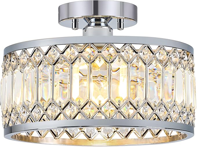 Pevfah Crystal Chrome Ceiling Light, Modern Semi Flush Mount Ceiling Lighting Fixture, Round Hallway Lighting Fixtures for Entryway Kitchen Bedroom Laundry Room, 1-Light, 11.4 Inch