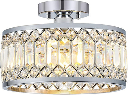 Pevfah Crystal Chrome Ceiling Light, Modern Semi Flush Mount Ceiling Lighting Fixture, Round Hallway Lighting Fixtures for Entryway Kitchen Bedroom Laundry Room, 1-Light, 11.4 Inch