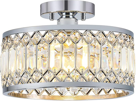 Pevfah Crystal Chrome Ceiling Light, Modern Semi Flush Mount Ceiling Lighting Fixture, Round Hallway Lighting Fixtures for Entryway Kitchen Bedroom Laundry Room, 1-Light, 11.4 Inch