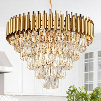 AXILIXI Modern Crystal Chandelier Gold, 24" Round Chandeliers for Dining Room K9 5 Tiers Ceiling Pendant Light Fixtures Golden Large Raindrop Flush Mount Chandelier for Foyer Living Room Staircase