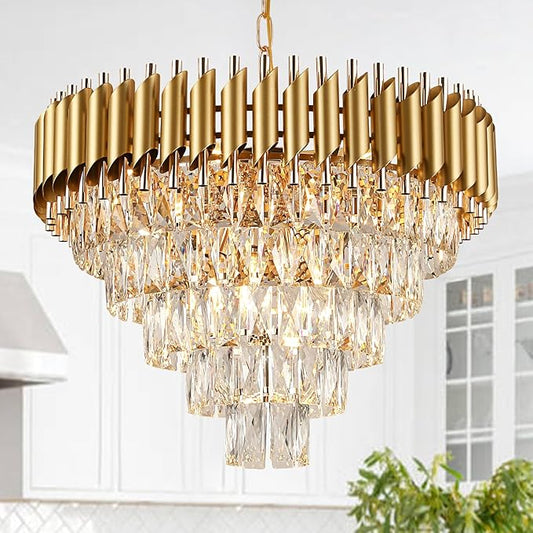 AXILIXI Modern Crystal Chandelier Gold, 24" Round Chandeliers for Dining Room K9 5 Tiers Ceiling Pendant Light Fixtures Golden Large Raindrop Flush Mount Chandelier for Foyer Living Room Staircase