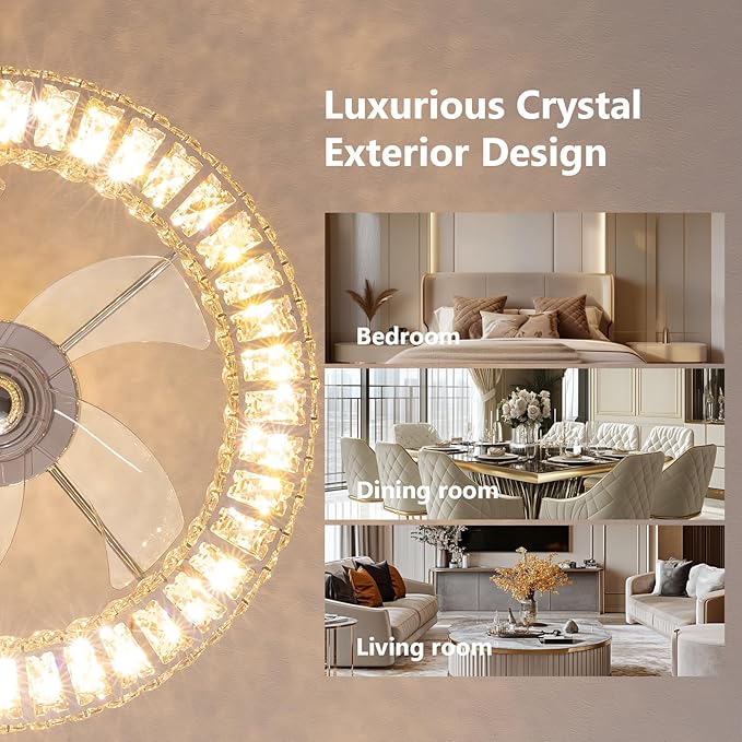 LUDOMIDE Crystal Ceiling Fans with Lights, 21" Fandelier Ceiling Fan with Light and Remote 6-Speed Wind, Dimmable LED, Chandelier Ceiling Fan for Bedroom Dining Room Living Room