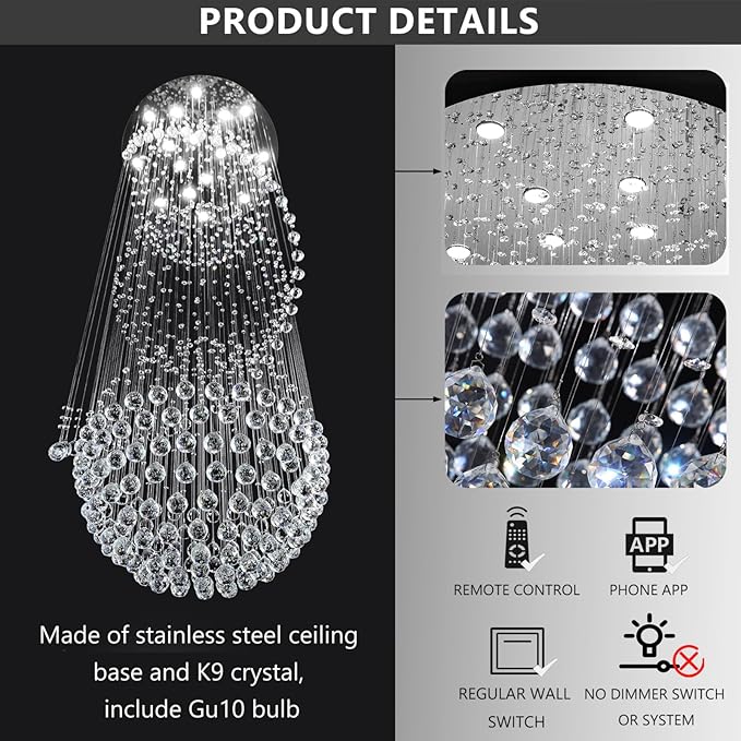 D40'' x H120'' Crystal Chandelier for Entryway High Ceiling Chandeliers Glam Chandelier Modern Large Raindrop Chandeliers LED Dimmable Light Fixtures for Staircaes Foyer Living Room Silver