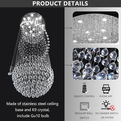 D40'' x H120'' Crystal Chandelier for Entryway High Ceiling Chandeliers Glam Chandelier Modern Large Raindrop Chandeliers LED Dimmable Light Fixtures for Staircaes Foyer Living Room Silver