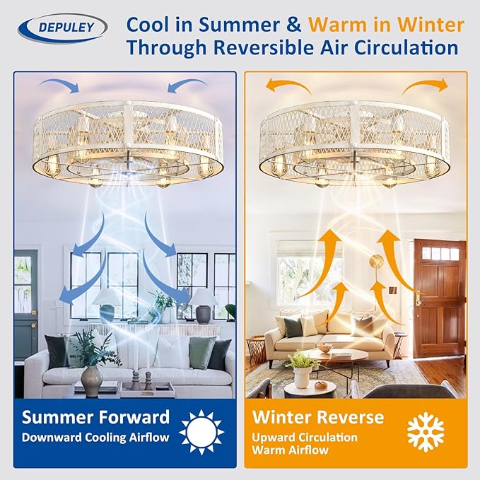Depuley Flush Mount Ceiling Fan: 26" Caged Ceiling Fans with Lights and Remote Control for Kitchen Bedroom Farmhouse - Rustic Low Profile Ceiling Fandelier Lights Reversible 6 Speed Timer Cement