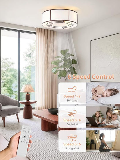 Low Profile Ceiling Fans with Lights, 20" Flush Mount Ceiling Fan with Light, Brown and White Boho Bladeless with 6 Speeds Remote Control for Bedroom, Nursery, Living Room