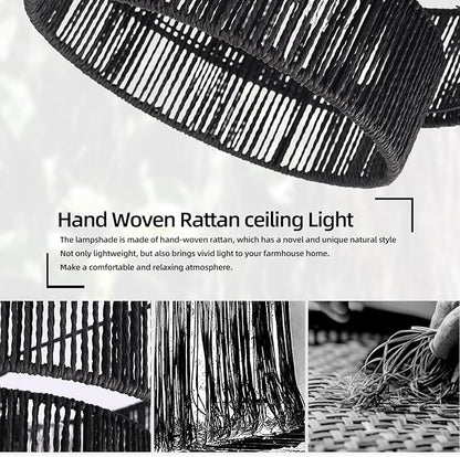 15.7'' Black Boho Light Fixtures Ceiling Mount Coastal Hemp Rope Semi Flush Mount Ceiling Light Fixture 3-Light Rattan Light Fixtures with 2-Tier Drum Shade for Dining Room Kitchen Entry