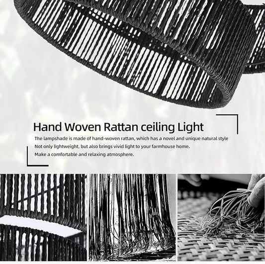 15.7'' Black Boho Light Fixtures Ceiling Mount Coastal Hemp Rope Semi Flush Mount Ceiling Light Fixture 3-Light Rattan Light Fixtures with 2-Tier Drum Shade for Dining Room Kitchen Entry