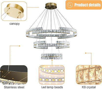 D40''+D27.5''+D15.7'' Modern Gold 3 Ring Crystal Chandeliers for Living Room Crystal Pendant Light Foyer Entrance LED Dimmable 3000-6000K Fixtures