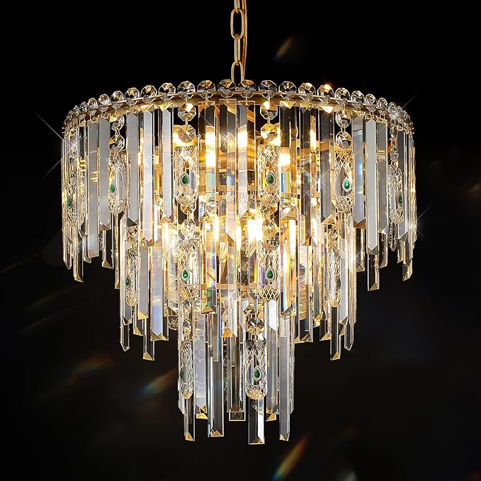 A AXILIXI Modern Chandelier for Dining Room Crystal Gold 20” Chandelier 3 Ties Ceiling Pendant Light Fixtures Round Chandelier with Adjustable Chain for Bedroom Entryway Staircase