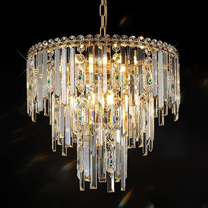 A AXILIXI Modern Chandelier for Dining Room Crystal Gold 20” Chandelier 3 Ties Ceiling Pendant Light Fixtures Round Chandelier with Adjustable Chain for Bedroom Entryway Staircase