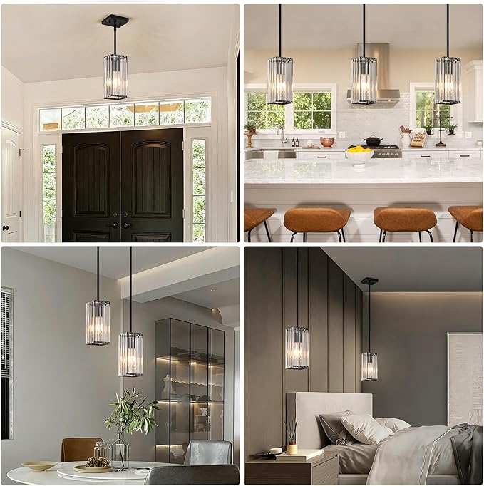 Modern Crystal Pendant Lights Kitchen Island, 2-Pack Black Hanging Light with Clear Crystal Shade, Adjustable Height Pendant Lighting for Kitchen Island Dining Room Bedroom Bar Entryway