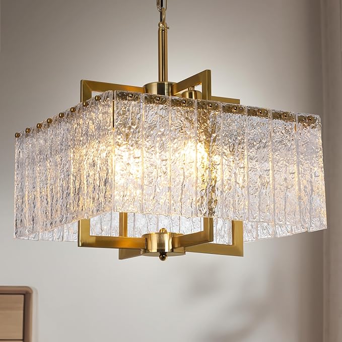Modern Crystal Chandelier,16" Gold Chandeliers for Dining Room with Water Ripple Glass, Adjustable Height, 4-Light Square Pendant Light Fixture for Kitchen Island Entryway Foyer Hallway