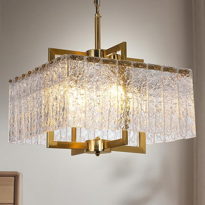 Modern Crystal Chandelier,16" Gold Chandeliers for Dining Room with Water Ripple Glass, Adjustable Height, 4-Light Square Pendant Light Fixture for Kitchen Island Entryway Foyer Hallway