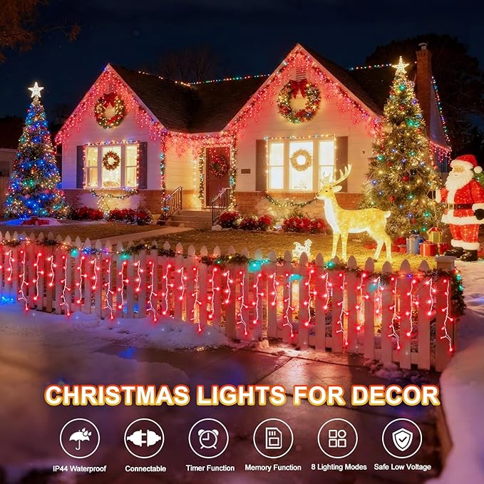 KNONEW Christmas Lights Outdoor Decorations 400 LED 33ft 8 Modes Curtain Fairy String Light with 75 Drops, Clear Wire LED Hanging Light Decor for Wedding Party Holiday Christmas Decorations (Red)