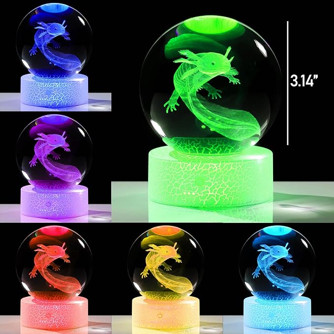 3D Axolotl Gifts for Women Crystals Ball - Axolotl Figurines Decor Glass Animals Figurine Axolotl Stuff for Room Birthday for Best Friend Lovers Keepsake Paperweight