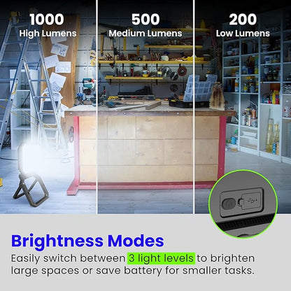 Feit Electric Portable LED Work Light, 360° Rotating Head, 3 Light Modes, 1000/500/200 Lumens, Adjustable Working Light for Workshop Garage, 25,000-Hour Lifetime, WORK1000/FOLD/BAT