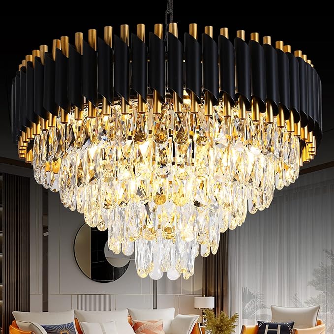 Gold Crystal Chandelier Contemporary, 24" Modern Living Room Chandeliers, K9 Crystal Ceiling Lights Fixtures, Round 5 Tiers Pendant Lighting Chandelier Black for Entryway Dining Room Staircase