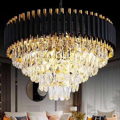 Gold Crystal Chandelier Contemporary, 24" Modern Living Room Chandeliers, K9 Crystal Ceiling Lights Fixtures, Round 5 Tiers Pendant Lighting Chandelier Black for Entryway Dining Room Staircase