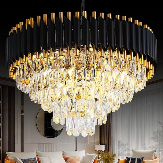 Gold Crystal Chandelier Contemporary, 24" Modern Living Room Chandeliers, K9 Crystal Ceiling Lights Fixtures, Round 5 Tiers Pendant Lighting Chandelier Black for Entryway Dining Room Staircase