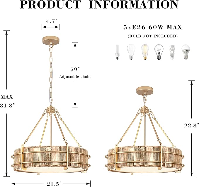 21.5'' Boho Rattan Chandelier Light Fixture, 5-Light Hand Woven Rattan Chandeliers with Fabric Shade, Rustic Gold Pendant Light for Kitchen, Bedroom, Dining Room, Living Room, Foyer
