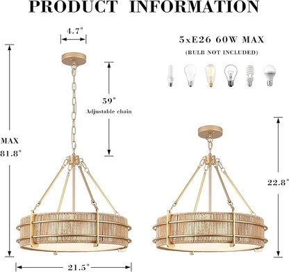 21.5'' Boho Rattan Chandelier Light Fixture, 5-Light Hand Woven Rattan Chandeliers with Fabric Shade, Rustic Gold Pendant Light for Kitchen, Bedroom, Dining Room, Living Room, Foyer