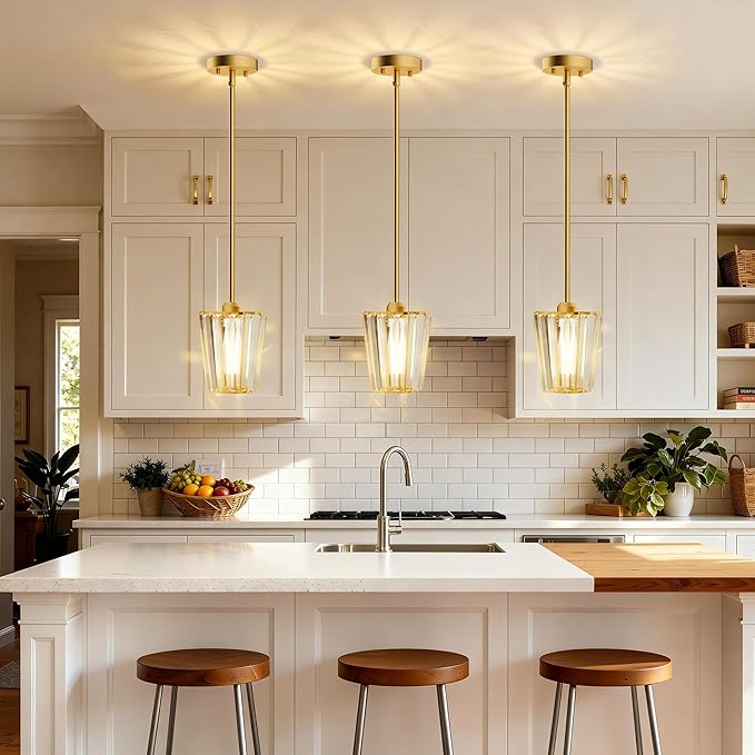 3 Pack Crystal Pendant Lights Kitchen Island - Modern Gold Pendant Light Mini Adjustable Hanging Pendant Lights for Kitchen Island Dining Room Foyer Hallway