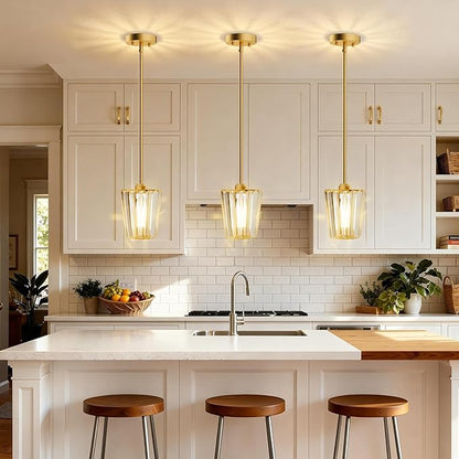 3 Pack Crystal Pendant Lights Kitchen Island - Modern Gold Pendant Light Mini Adjustable Hanging Pendant Lights for Kitchen Island Dining Room Foyer Hallway