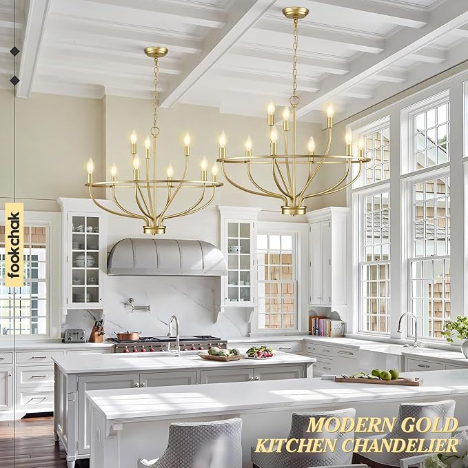 9-Light Gold Light Fixture Vintage Candle Chandelier Lighting 30in Mid-Century Modern Brass Dining Room Chandelier Over Table for Kitchen Island Living Room FoyerBedroom, E12