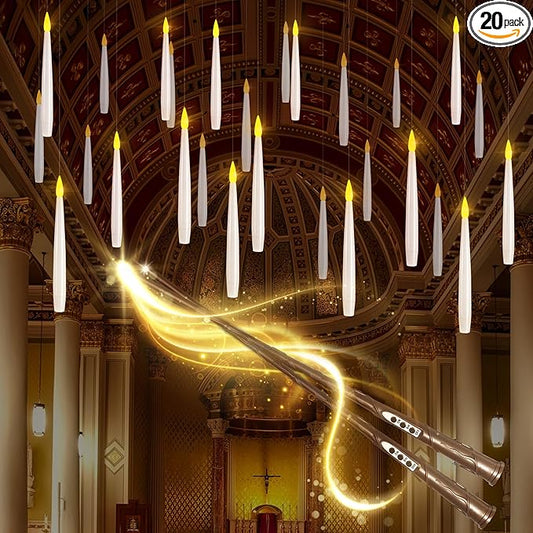 LUSHARBOR Floating Candles with Wand, 20 Pack 2 Wands Halloween Magic Hanging Candles Flameless Floating Candles Battery Operated for Halloween Decorations Gift Idea