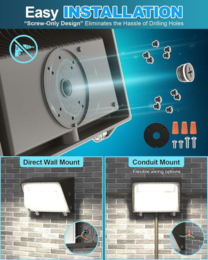 AKK 150W 120W 100W LED Wall Pack Light with Photocell, 22500LM (150LM/W), 3 Wattage & 3 CCT Selectable (4000K/5000K/5700K), AC100-277V IP65 for Parking Lots, Warehouse, Security Lighting | ETL Listed