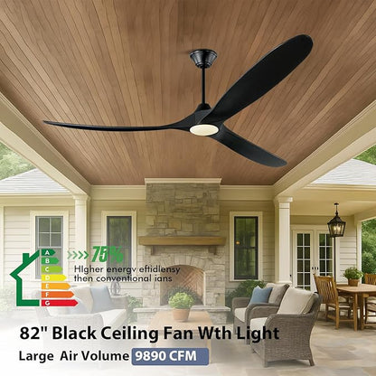 82 Inch Large Smart Ceiling Fans with Light, Black Wood Ceiling Fan with Remote/Alexa/App Control, 3 Propeller High CFM Modern DC Ceiling Fan for Living Room Outdoor Patio Commercial Shop