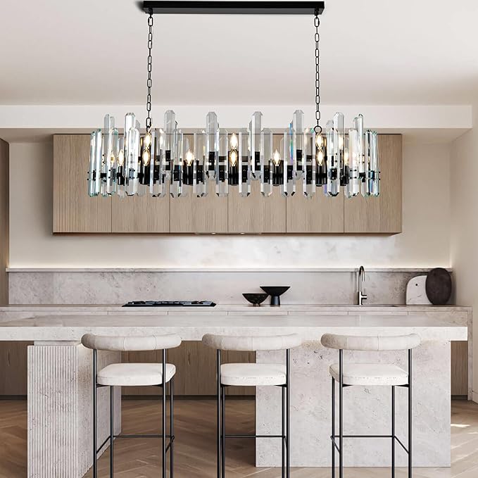 54" Black Rectangular Chandelier, 24-Light Modern Crystal Chandelier for Dining Room, Kitchen Island, Living Room, Luxury K9 Crystal Adjustable Chain Chandelier Light Fixture