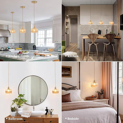 Shenmoyl Pendant Light with Amber Striped Glass Lmapshade, Brass Vintage Pendant Light Adjustable Hanging Light for Kitchen Island Dining Room Hallway