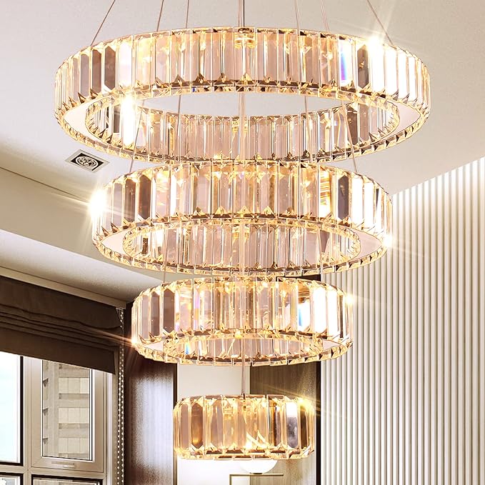 Modern Crystal Chandelier 4 Rings LED Pendant Light Adjustable High Chandeliers Ceiling Light for Bedroom Living Room Dining Room Warm White