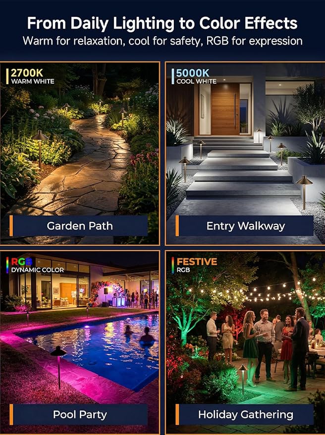 Gardenreet Brass Smart RGBCW 12v Path Light, Bluetooth App Control Landscape Lighting Waterproof, Low Voltage Dimmable Adjustable Warm/Cool White G4 Bulb, Year-Round Daily Yard Ambiance, Bronze 6 Pack