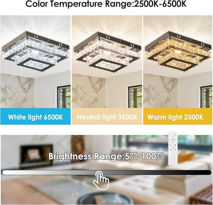 Dimmable Crystal LED Flush Mount Ceiling Light, 11.8"×9.1" Rectangular Close to Ceiling Chandelier, 24W K9 Crystal & Stainless Steel, Remote & App Control, 2700–6500K CCT for Bedroom Living Room